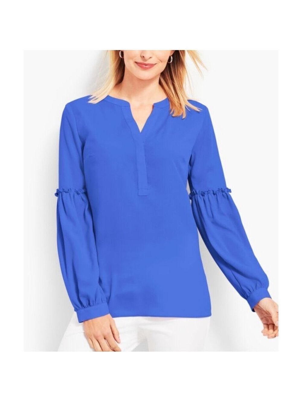 Talbots Blouse Sz Large Blue Tunic Popover Top Career V-neck Bell Sleeves Boho